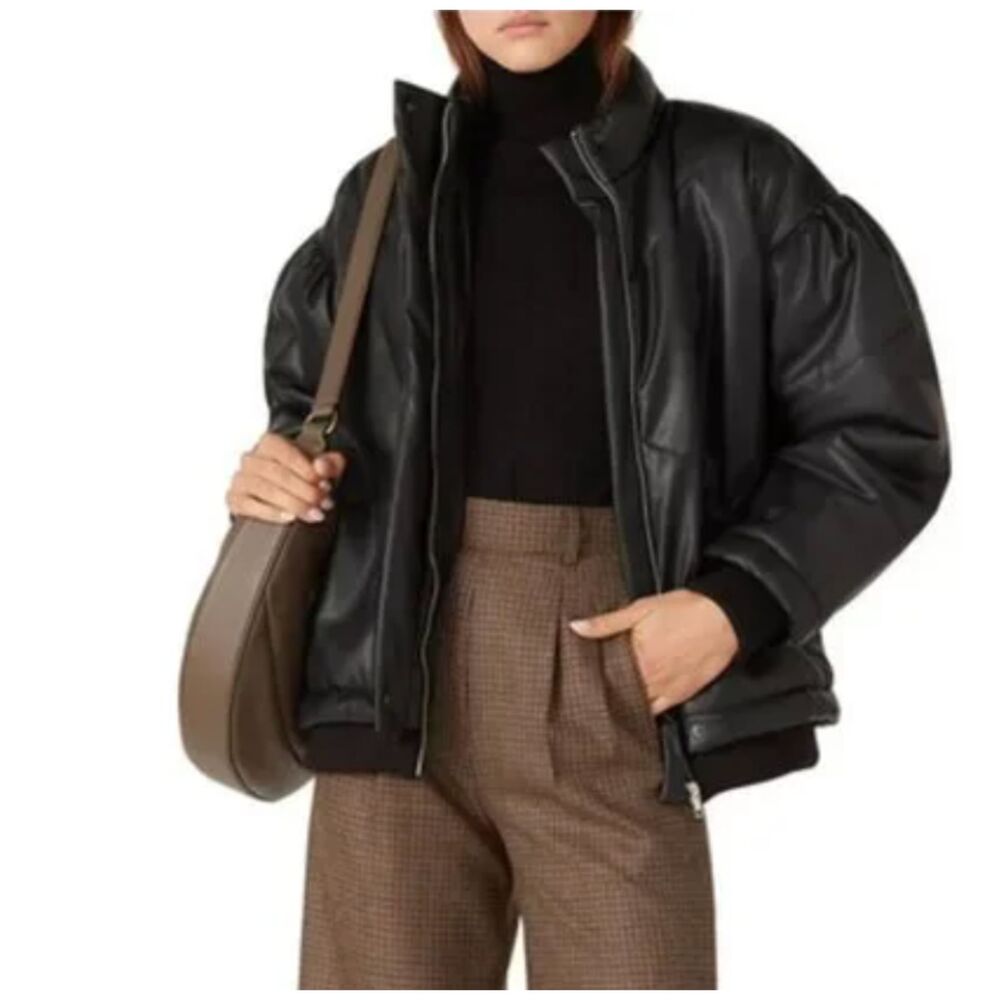 Sea NY Oversized Vegan Leather Quilted Bomber Jacket Size M